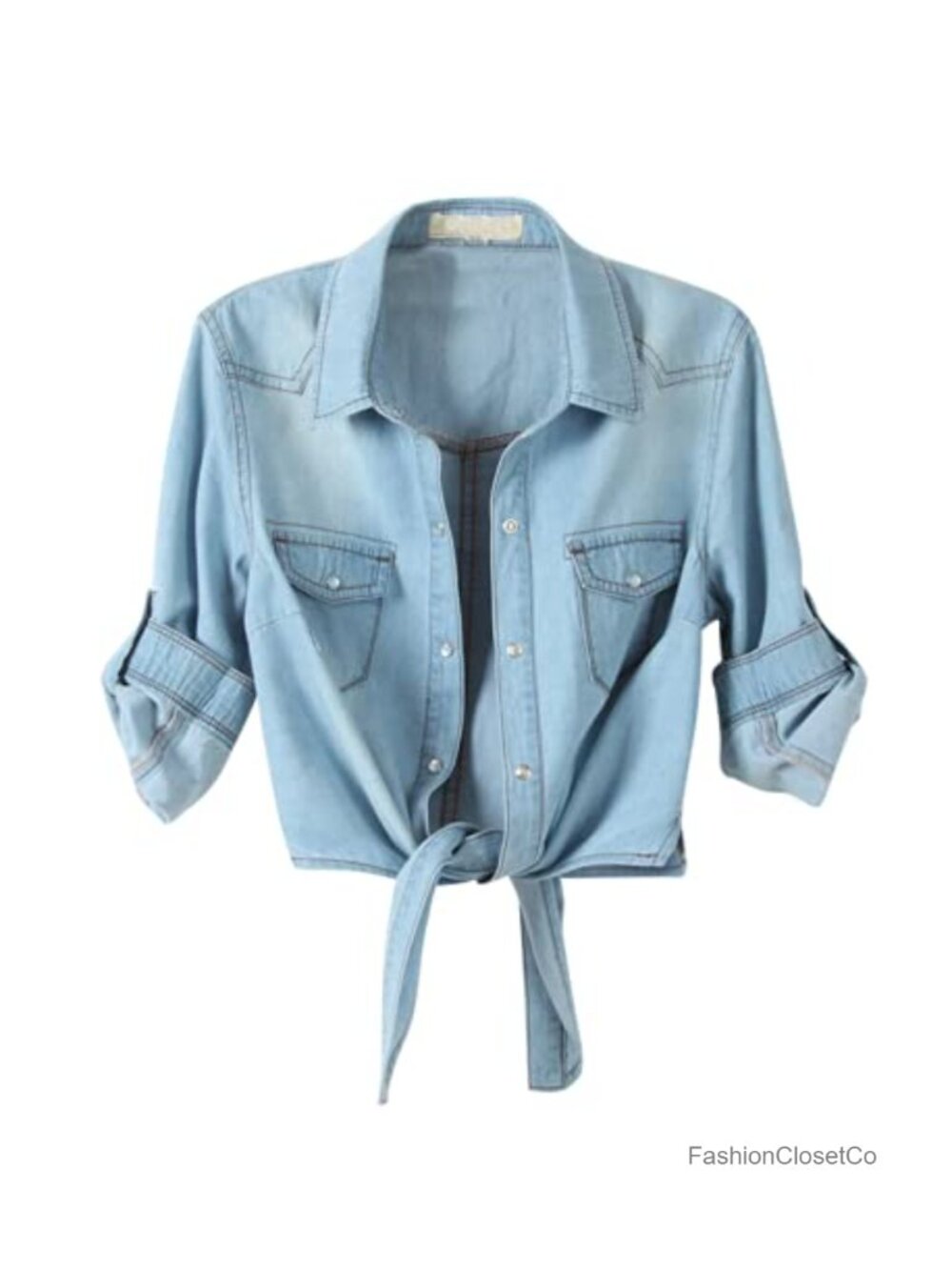 Womens Denim Crop Chambray Shirt Tie Front 3/4 Sleeve Pearl Buttons